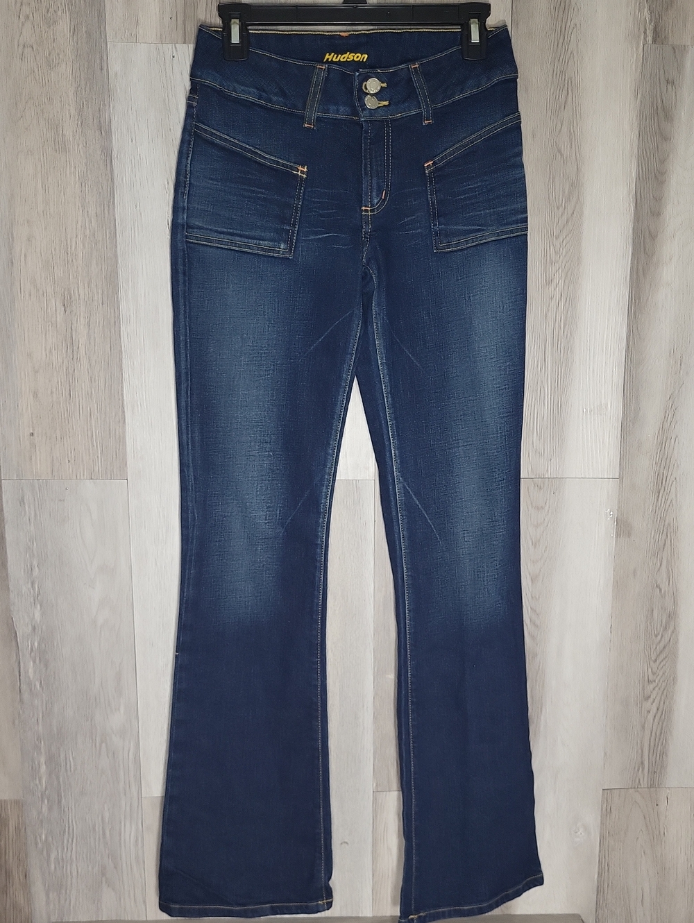 Hudson Womens 28 Flare Leg Jeans Dark Wash Double Button Patch Pocket Stretch